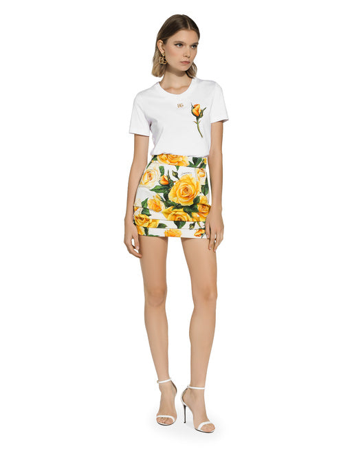 JERSEY T-SHIRT WITH DG LOGO AND YELLOW ROSE-EMBROIDERED PATCH