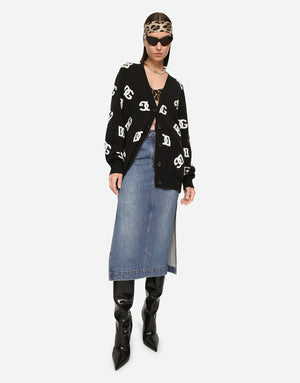 DENIM CALF-LENGTH SKIRT WITH LOGO TAG