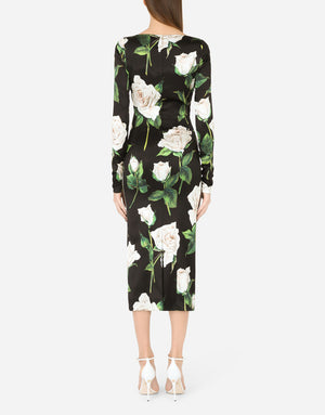 SATIN CALF-LENGTH DRESS WITH WHITE ROSE PRINT