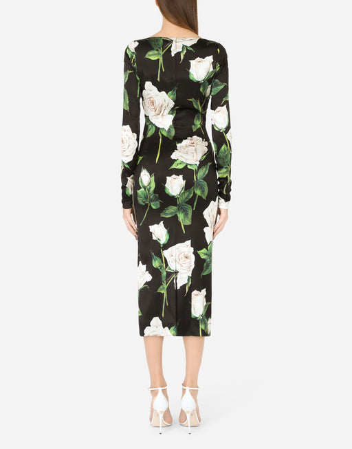 SATIN CALF-LENGTH DRESS WITH WHITE ROSE PRINT