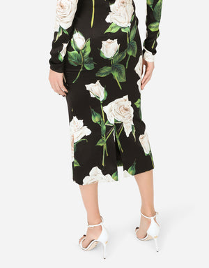 SATIN CALF-LENGTH DRESS WITH WHITE ROSE PRINT