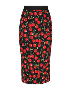 HIGH-WAISTED CHARMEUSE CALF-LENGTH SKIRT WITH CHERRY PRINT