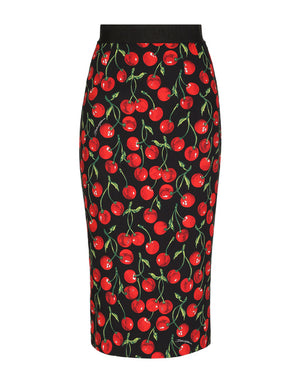 HIGH-WAISTED CHARMEUSE CALF-LENGTH SKIRT WITH CHERRY PRINT