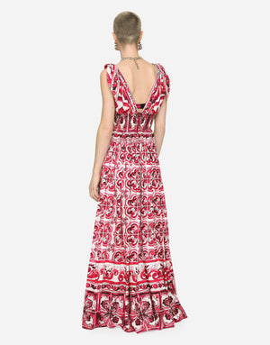 LONG MAJOLICA-PRINT POPLIN DRESS