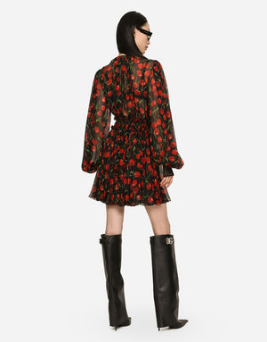 SHORT CHERRY-PRINT CHIFFON DRESS