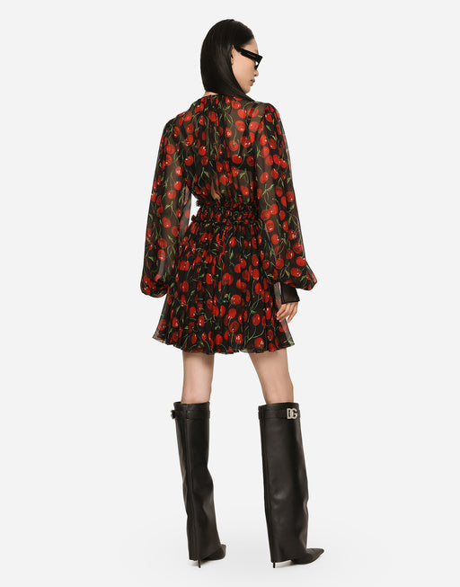 SHORT CHERRY-PRINT CHIFFON DRESS