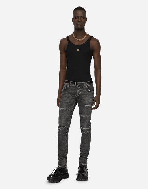 GRAY SKINNY STRETCH JEANS WITH RIPS