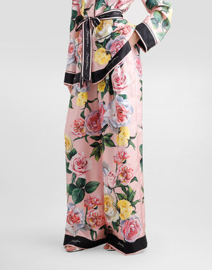 SILK PAJAMA PANTS WITH ROSE AND PEONY PRINT