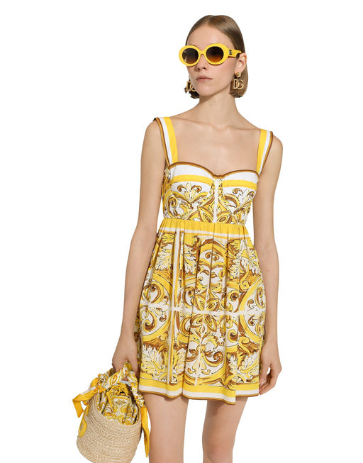 SHORT DRESS WITH CORSET BODICE IN MAJOLICA-PRINT COTTON POPLIN
