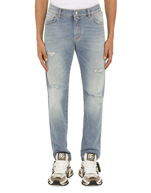 WASHED STRETCH DISTRESSED SLIM  JEANS