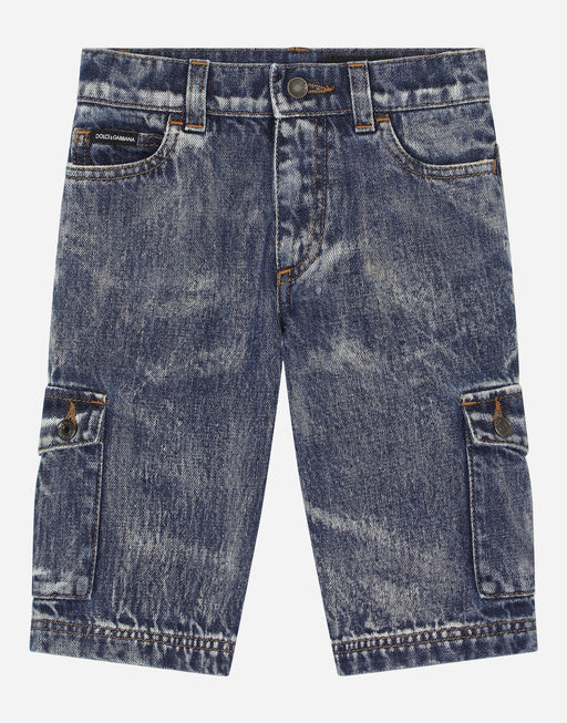 BLUE BLEACHED DENIM CARGO SHORTS