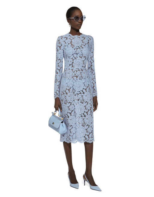 LONG-SLEEVED CALF-LENGTH DRESS IN BRANDED STRETCH LACE