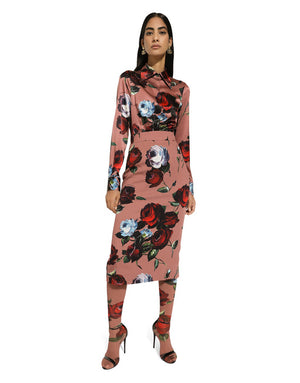 CHARMEUSE CALF-LENGTH SKIRT WITH VINTAGE ROSE PRINT