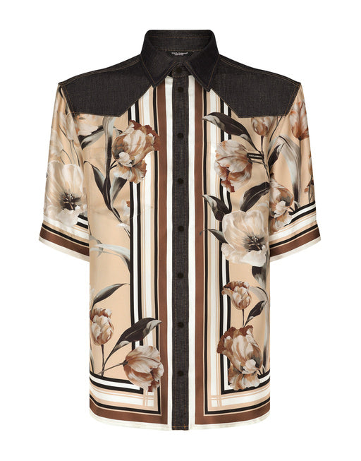 SILK AND DENIM SHIRT WITH FLORAL PRINT