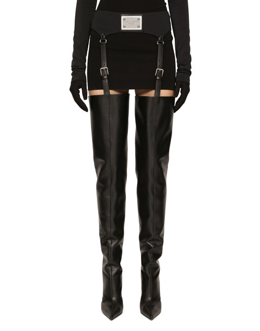 CALFSKIN THIGH-HIGH BOOTS WITH GARTER