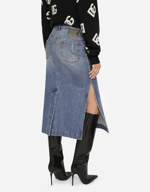 DENIM CALF-LENGTH SKIRT WITH LOGO TAG