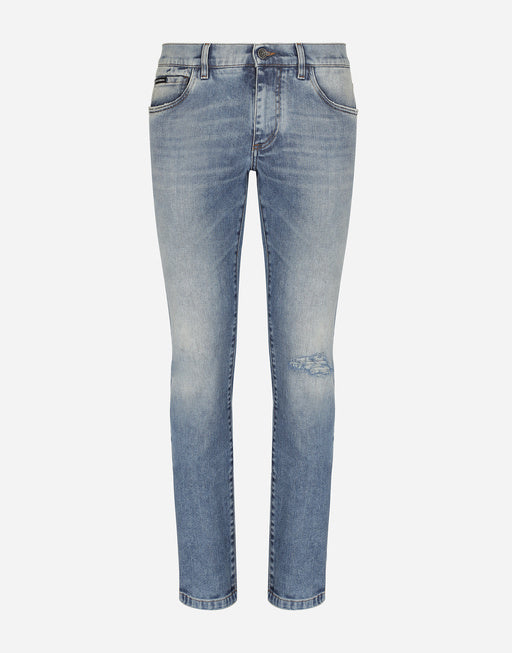 LIGHT BLUE STRETCH SKINNY JEANS WITH RIPS