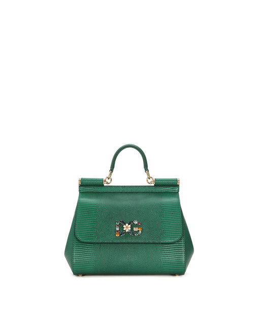 MEDIUM IGUANA PRINT CALFSKIN SICILY BAG WITH CRYSTAL DG LOGO PATCH