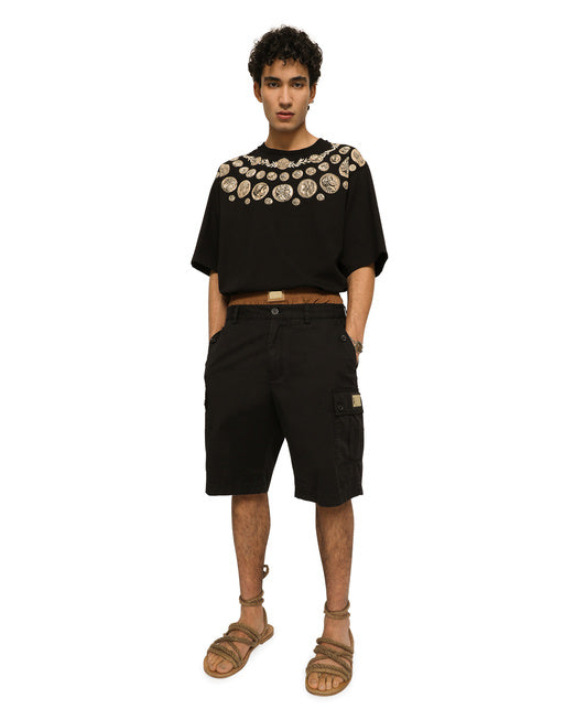 STRETCH COTTON CARGO PANTS WITH BRAND PLATE