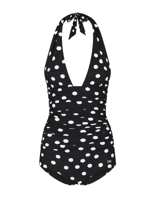POLKA-DOT PRINT ONE-PIECE SWIMSUIT WITH PLUNGING NECKLINE