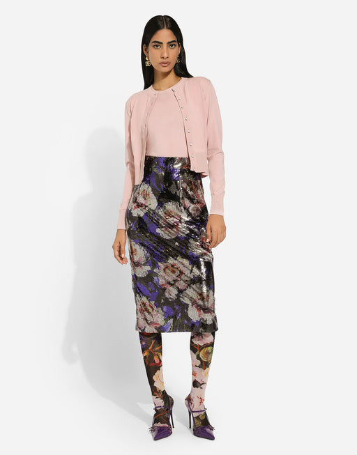 SEQUINED MIDI SKIRT WITH PEONY PRINT