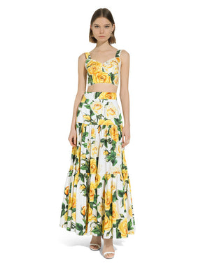 LONG RUFFLED SKIRT IN YELLOW ROSE-PRINT COTTON