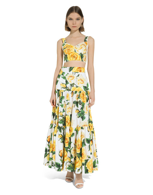 LONG RUFFLED SKIRT IN YELLOW ROSE-PRINT COTTON