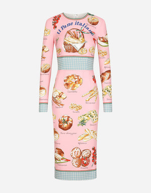 CHARMEUSE CALF-LENGTH DRESS WITH BREAD PRINT