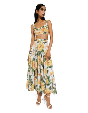 SEQUINED CORSET TOP WITH YELLOW ROSE PRINT