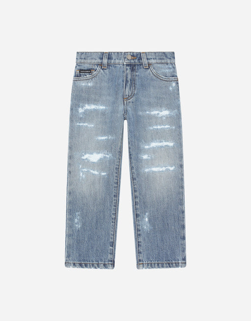 WASHED DENIM JEANS WITH ABRASIONS