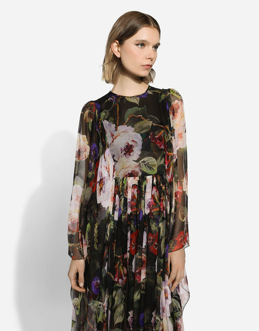 LONG CHIFFON DRESS WITH ROSE GARDEN PRINT