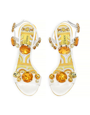 PATENT LEATHER SANDALS WITH STONE EMBELLISHMENT AND PAINTED HEEL