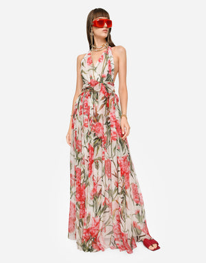 LONG CARNATION-PRINT CHIFFON DRESS