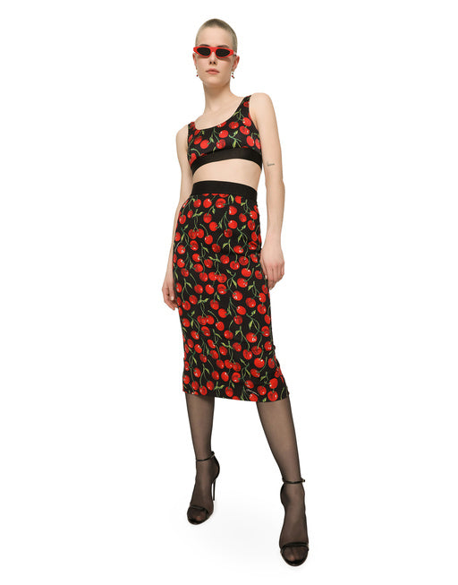 HIGH-WAISTED CHARMEUSE CALF-LENGTH SKIRT WITH CHERRY PRINT