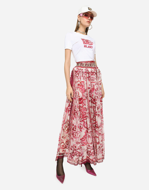 LONG MAJOLICA-PRINT CHIFFON SKIRT