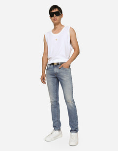 LIGHT BLUE STRETCH SKINNY JEANS WITH RIPS