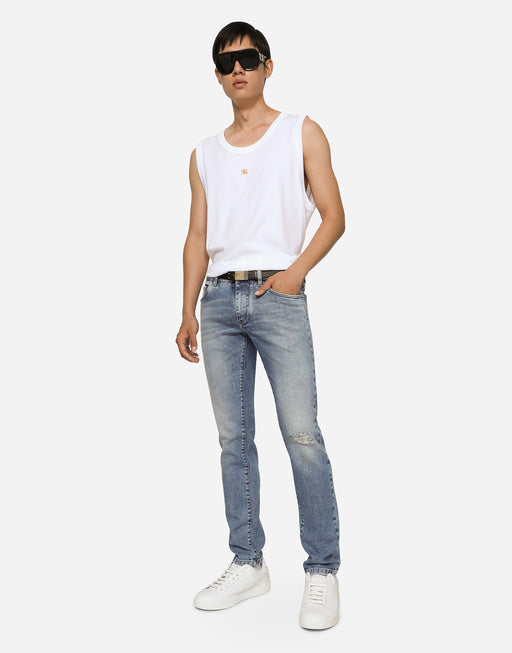 LIGHT BLUE STRETCH SKINNY JEANS WITH RIPS