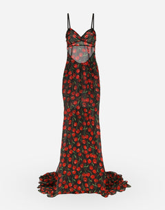 LONG CHERRY-PRINT CHIFFON DRESS WITH TRAIN