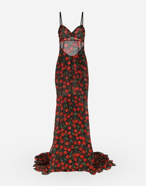 LONG CHERRY-PRINT CHIFFON DRESS WITH TRAIN