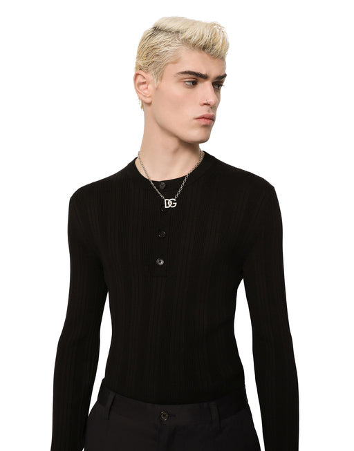 SILK AND COTTON GRANDDAD-NECK SWEATER WITH DG PATCH