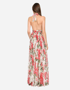 LONG CARNATION-PRINT CHIFFON DRESS