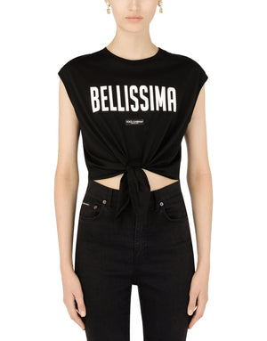 JERSEY TANK TOP WITH “BELLISSIMA” PRINT AND KNOT DETAIL