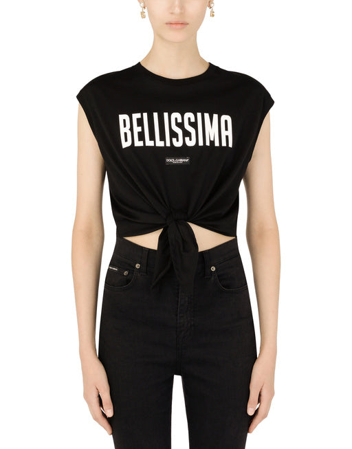 JERSEY TANK TOP WITH “BELLISSIMA” PRINT AND KNOT DETAIL