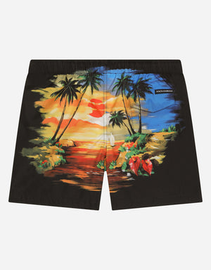 NYLON SWIM TRUNKS WITH HAWAIIAN PRINT