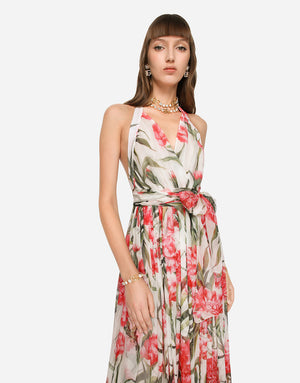 LONG CARNATION-PRINT CHIFFON DRESS