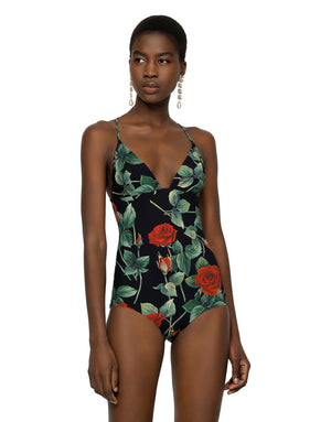 ROSE-PRINT ONE-PIECE SWIMSUIT