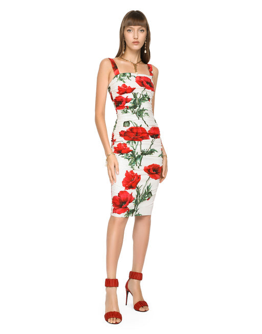 DRAPED POPPY-PRINT POPLIN DRESS