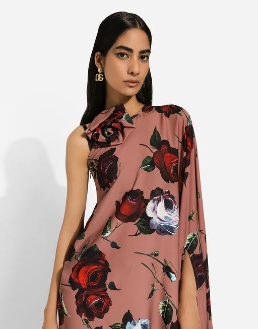 ASYMMETRICAL CHARMEUSE DRESS WITH VINTAGE ROSE PRINT