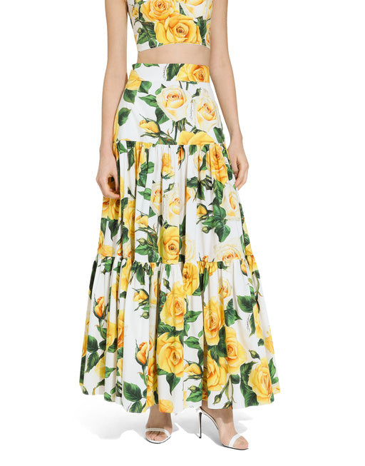 LONG RUFFLED SKIRT IN YELLOW ROSE-PRINT COTTON