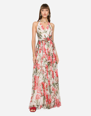 LONG CARNATION-PRINT CHIFFON DRESS